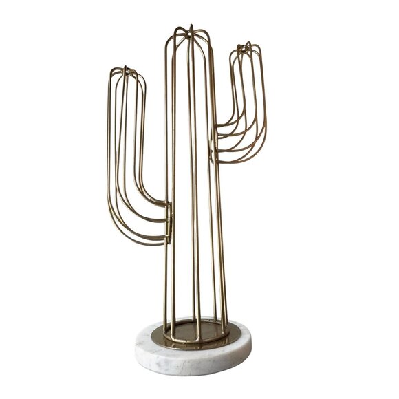 Gold Brass Cactus Sculpture With White Marble Base Modern Art Decor - Picture 3 of 9
